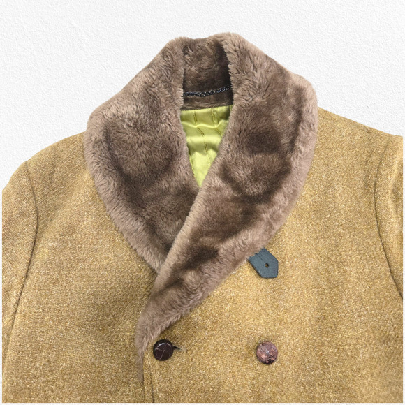 Vintage 50s Mustard Brown Mighty-Mac Fisherman Wool Coat Fur Collar Size 40 USA - Picture 14 of 16
